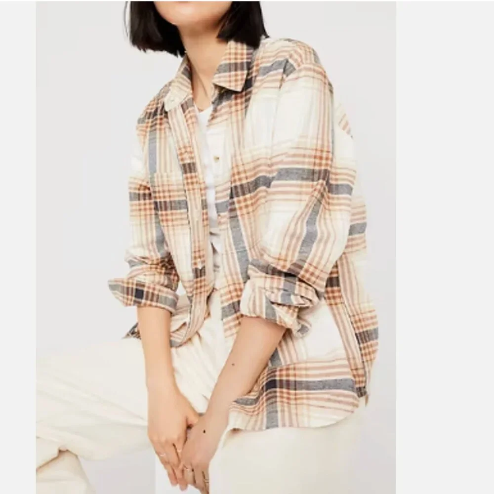 OLD NAVY - Relaxed Fit Boyfriend Shirt Flannel Tan Brown Size Large NWOT - Picture 2 of 6